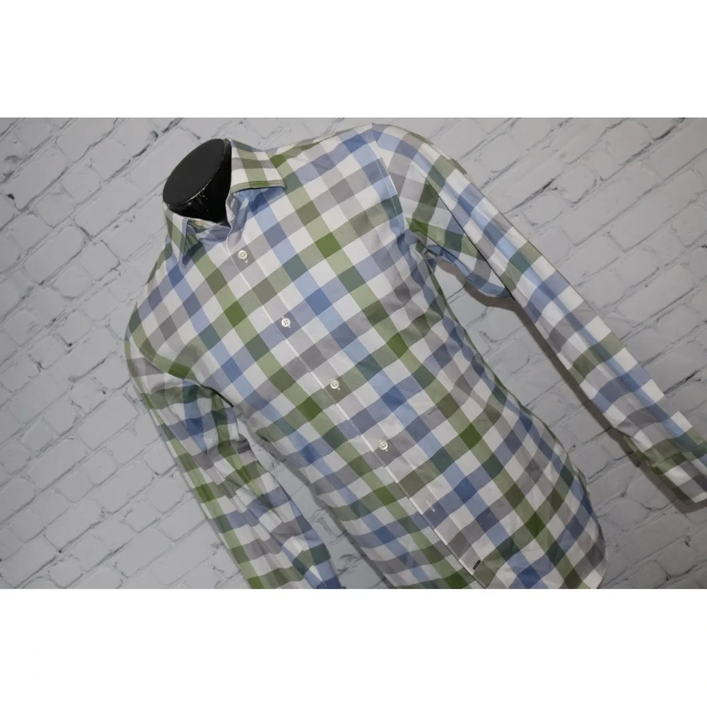 Banana Republic Shirt Mens Medium Green Blue Gingham Plaid Non-Iron Slim Fit